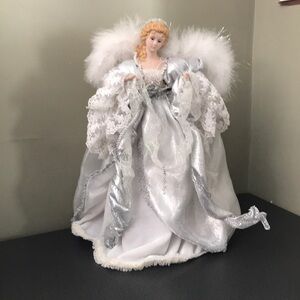 Victorian Christmas Angel Tree Topper White & Silver Porcelain Face Elegant 17”